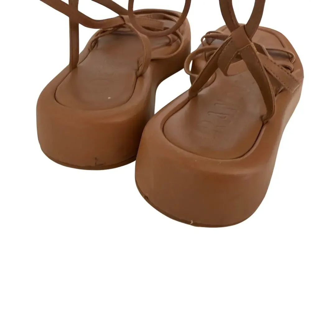 Loeffler Randall (6.5) Beau Dark Sand Leather Wrap Tie Platform Sandals